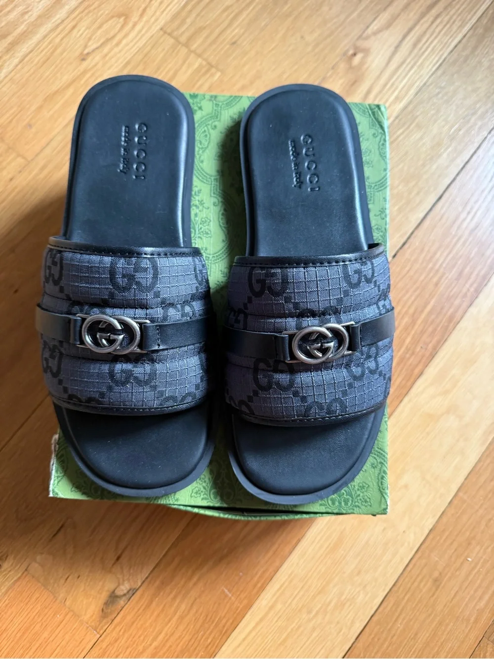 Gucci Black & Gray GG Logo Slide Sandals with Silver Double-G